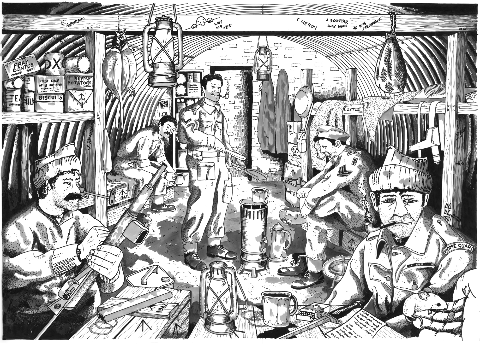 Illustration of the recently rediscovered World War Two bunker as it may have looked after a patrol, with men relaxing and eating rations