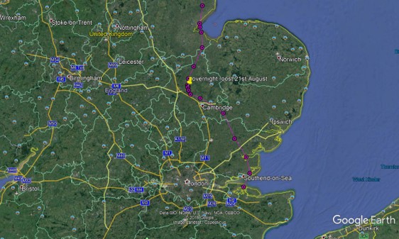 Satellite view of south east England with osprey flightpath marked
