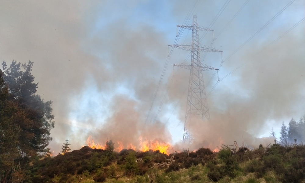 Fire in open area with an overhead transmission line in the background
