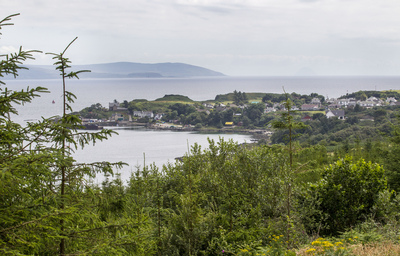Looking over Carradale village and harbour, to Kilbrannan Sound, Kintyre