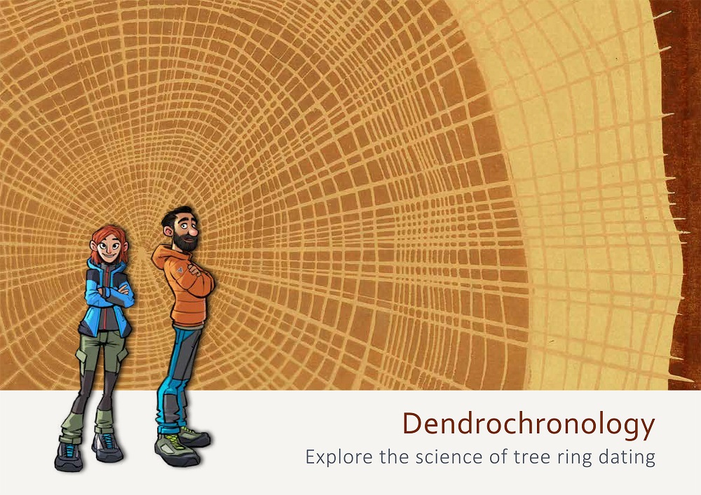 Illustration of two people in front of tree rings