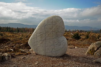 A large boulder on an open plane that has a map of granite imports