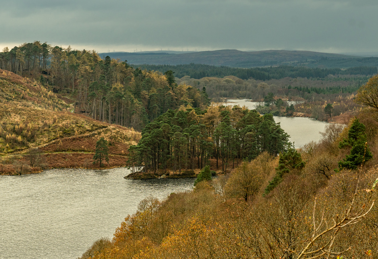 An island in a loch surrounded by trees and hills in autumn