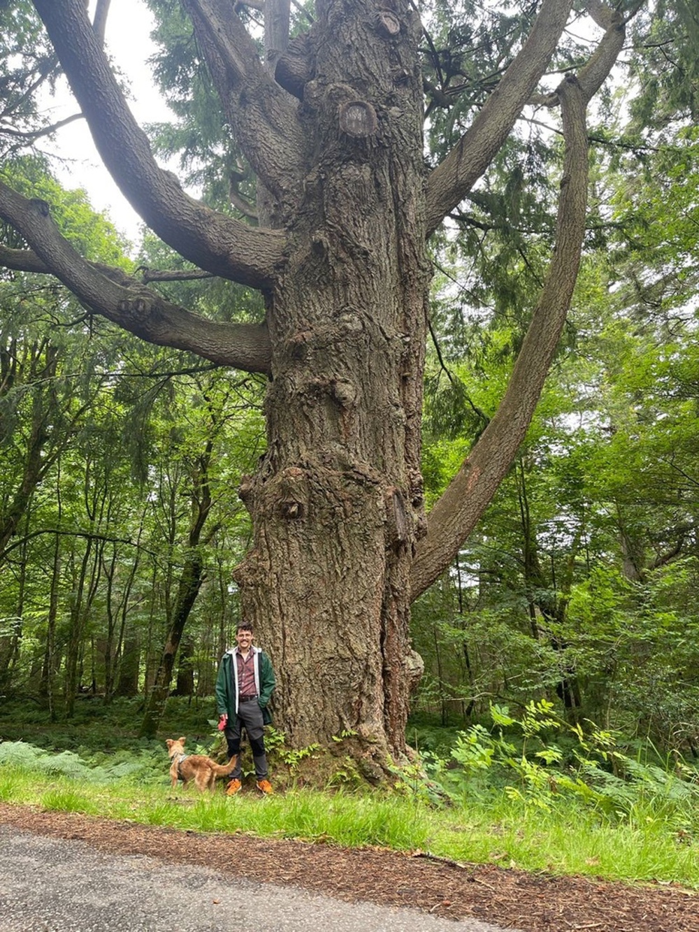 Cameron with dog on a lead in front of a large tree.