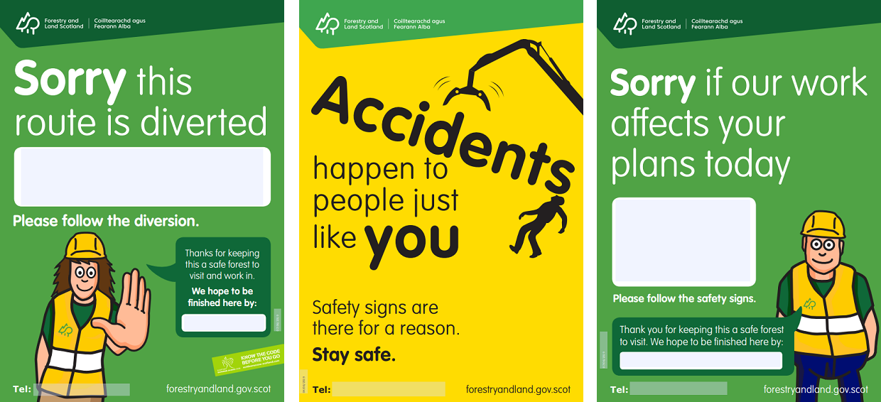 Three posters apologising for forestry works