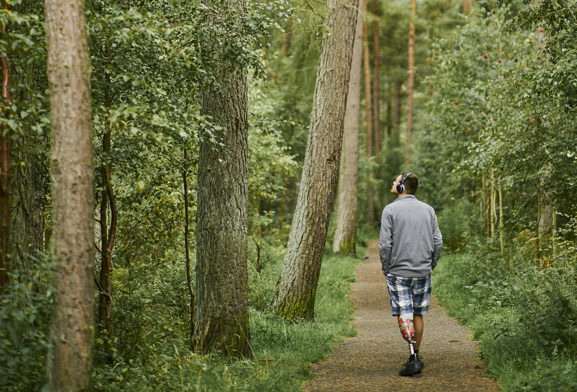 Rear view of man, with prosthetic leg, walking on woodland path, Devilla Forest, near Kincardine