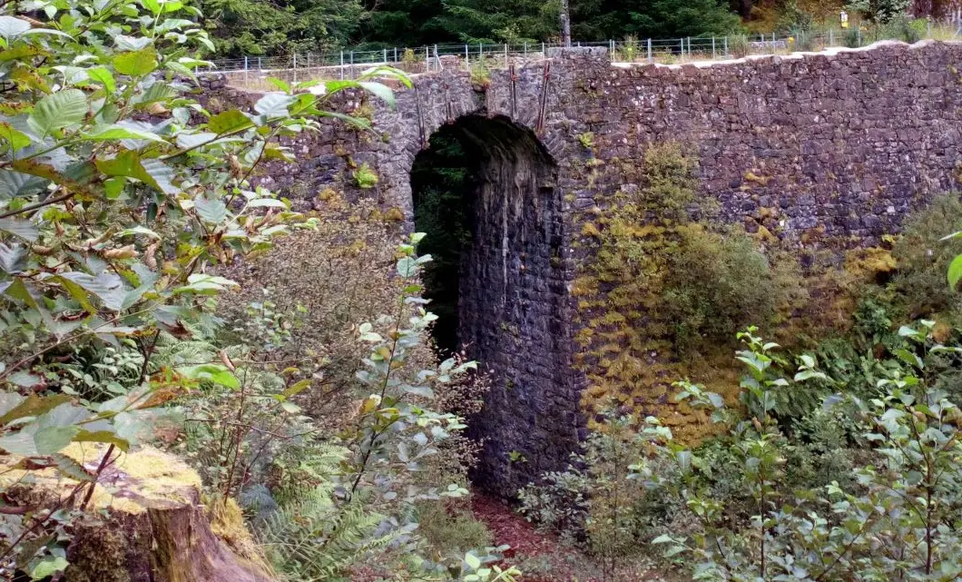 A tall stone bridge surrounded by green foliage.