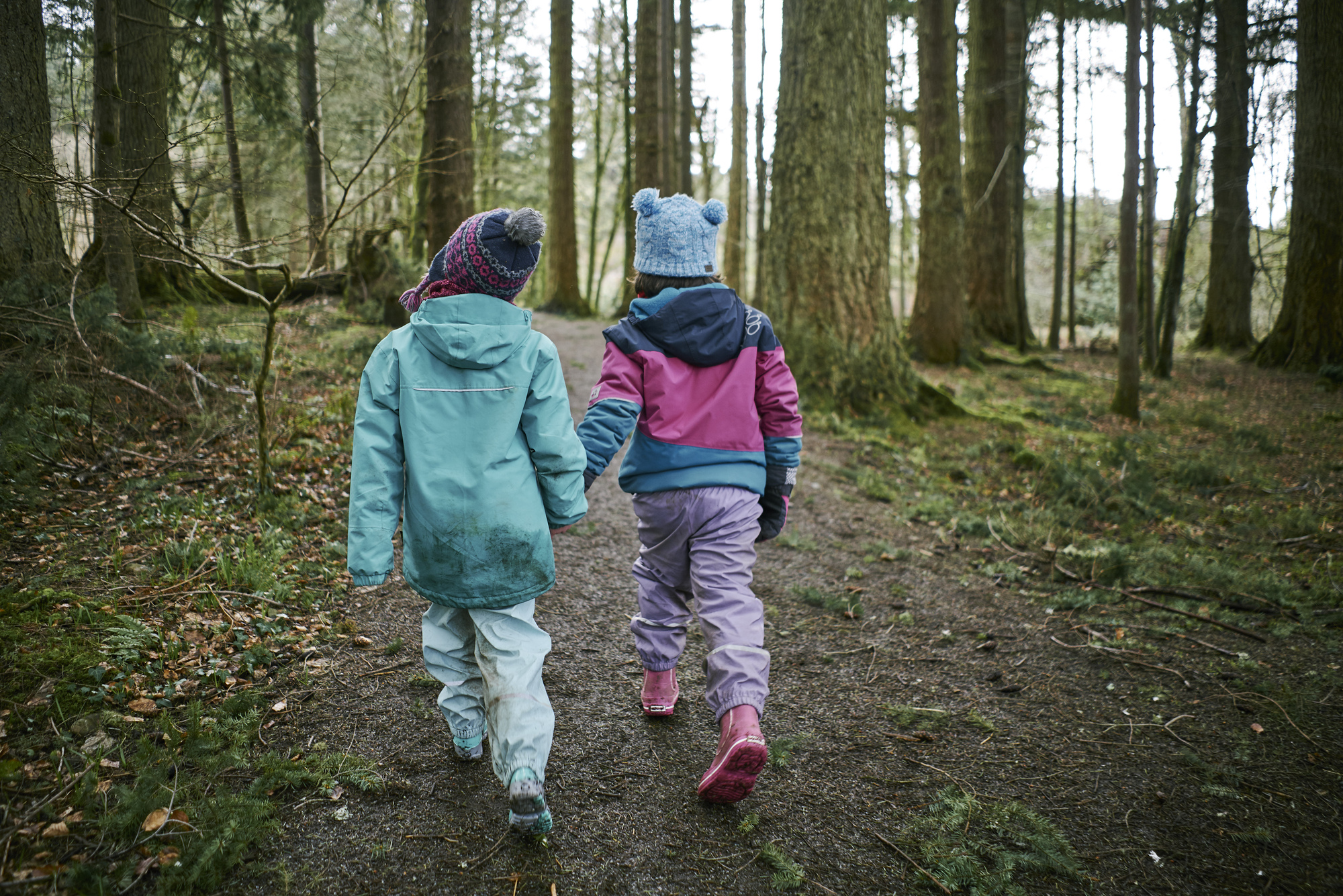 Rear view of two young girls dressed in turquoise and pink purple waterproofs and woollen hands walk hand in hand along forest path in Sutherland's Grove, Barcaldine