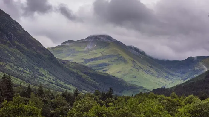 View of clouds settling on Ben Nevis, from Glen Nevis, near Fort William