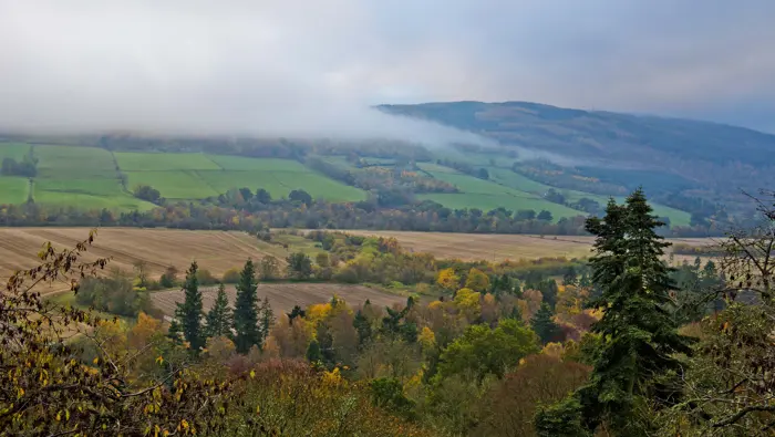 View across tree tops and a wide glen towards a hillside of green fields and autumnal woodland, at Weem.