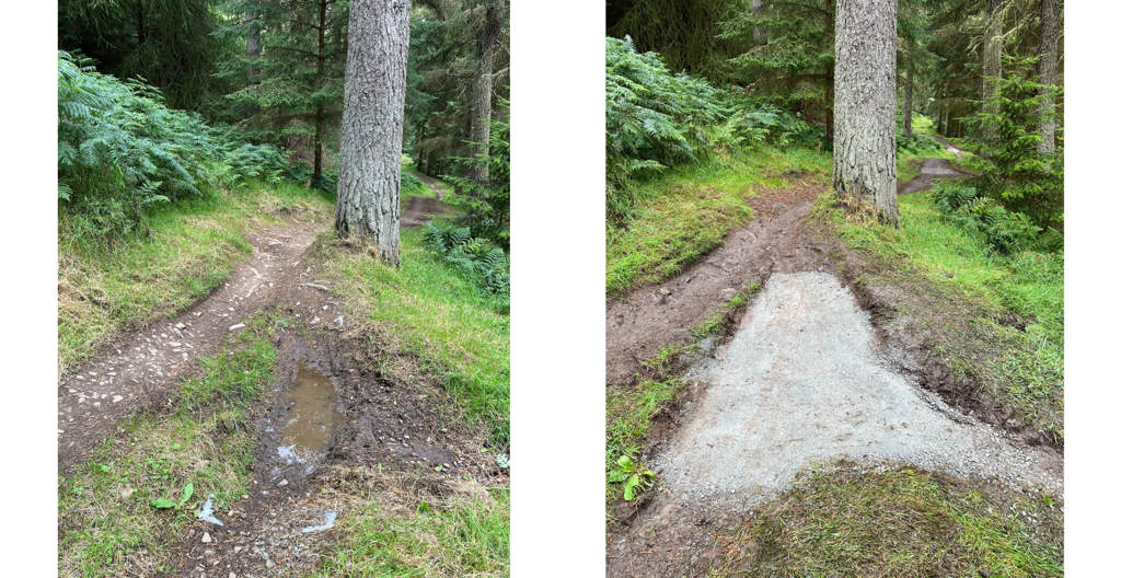 Before and after views of a section of trail that the volunteers worked on. Before there is a big dip in the track filled with muddy water. After, the section of the track is smooth and filled in with new aggregate.