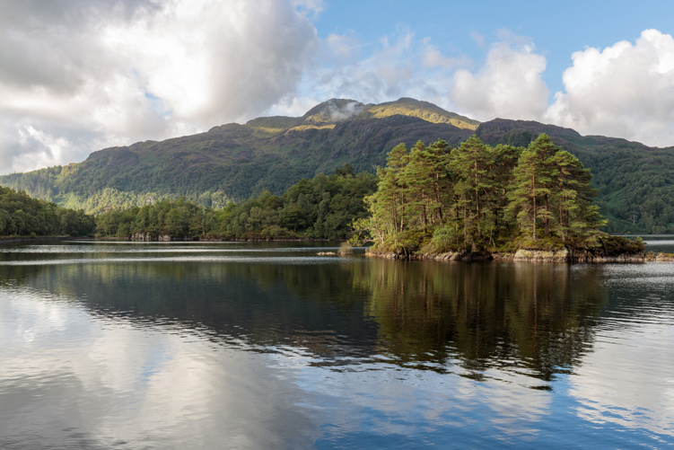 Loch with island of trees and forested hill in the background.