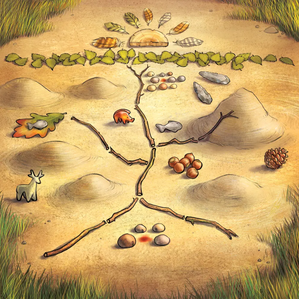 Illustration of a map made with sticks, stones and leaves