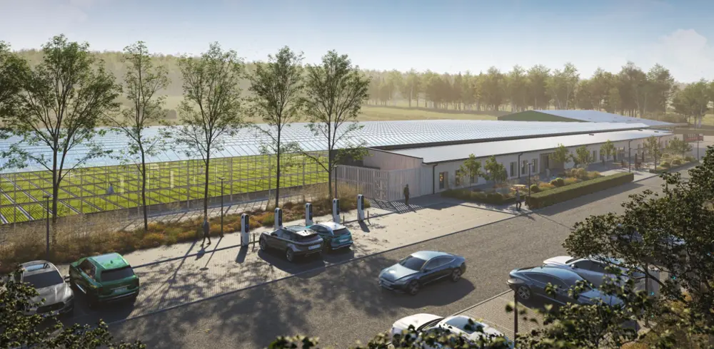 a drawing of the plans for a glasshouse at newton with a parking lot and trees