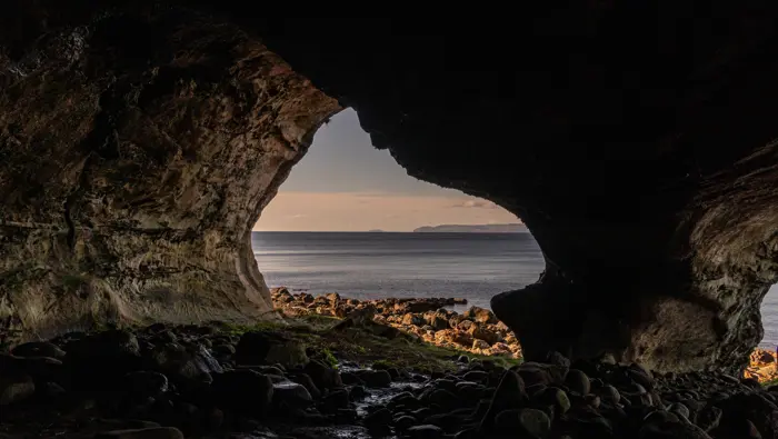 View looking out to sea from inside the cave.