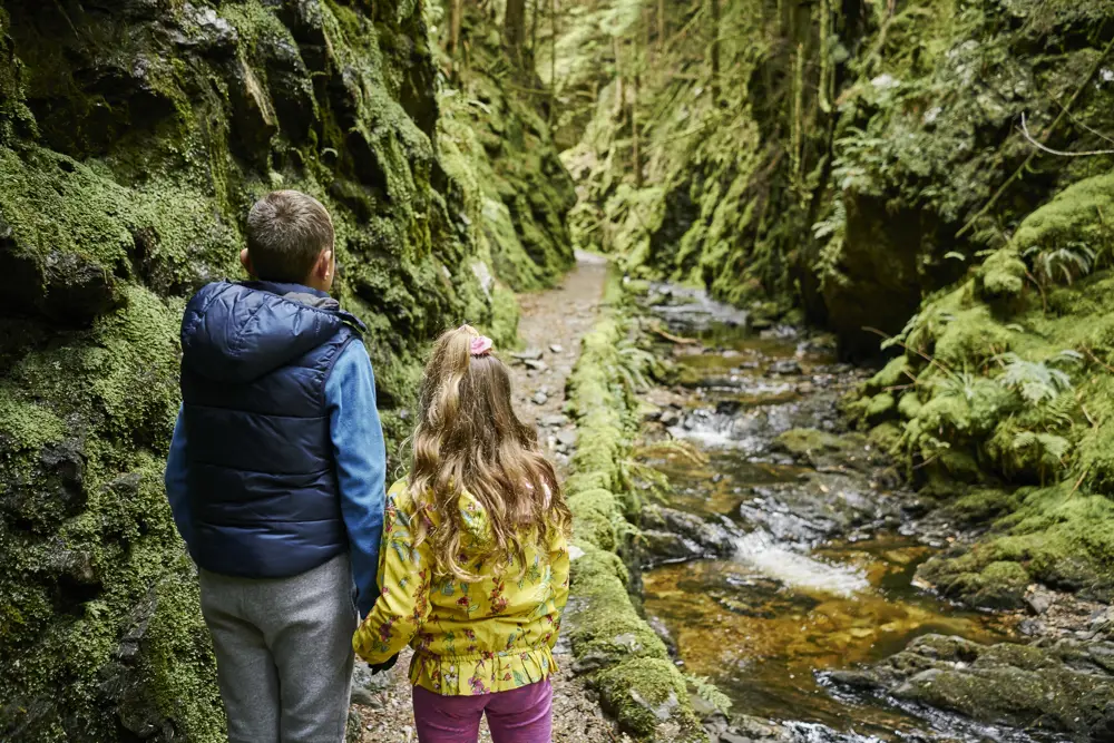 Boy and girl walking up the gorge at Puck's Glen, holding hands