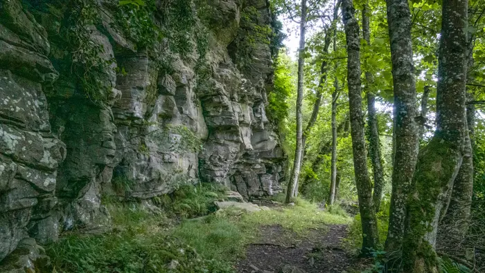 Path with rocky outcrop on the left and trees on the right.