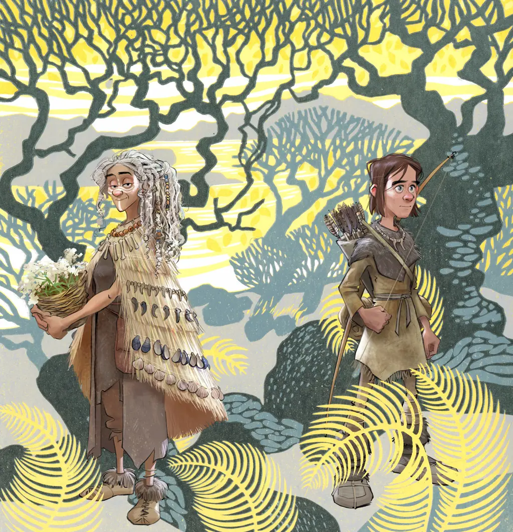 A graphic of two Mesolithic characters in a forest.