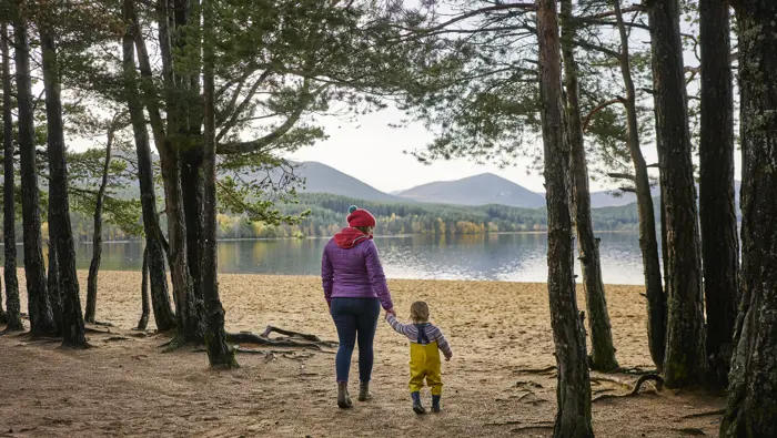 Parent and child walking through the trees to the beach.