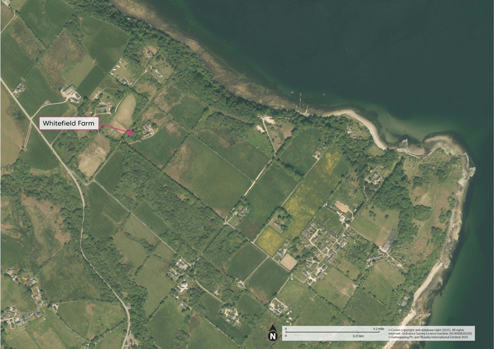 Aerial image with the location of Whitefield Farm.